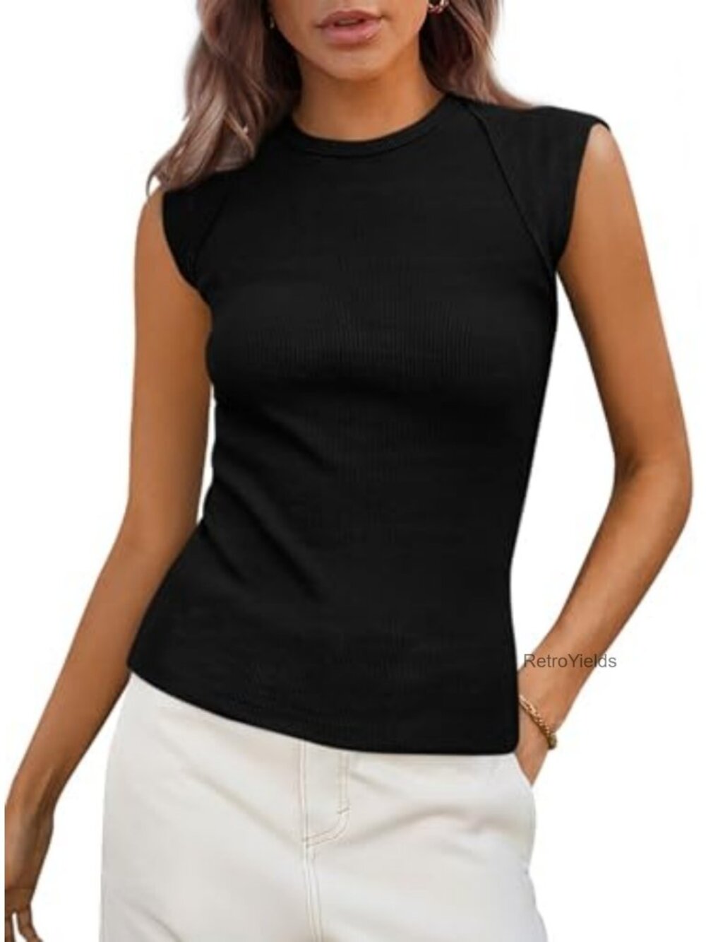 Women's Ribbed Tank Top Cap Sleeve Crew Neck Slim Fit Summer Basic Tee